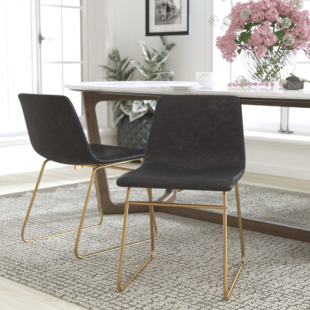Butler 18 inch Dining Table Height Chair, Mid-Back Sled Base Dining Chair in Dark Gray LeatherSoft with Gold Frame, Set of 2