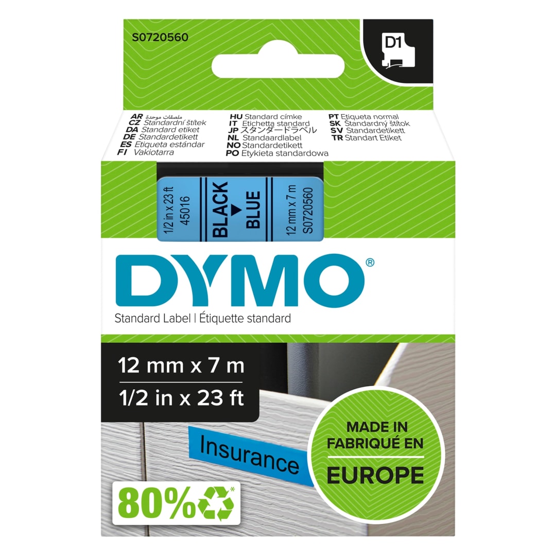 DYMO® Authentic D1 Labels | Black Print on Blue Tape | 12 mm x 7 m | Self-Adhesive Labels for LabelManager Label Makers | Made in Europe