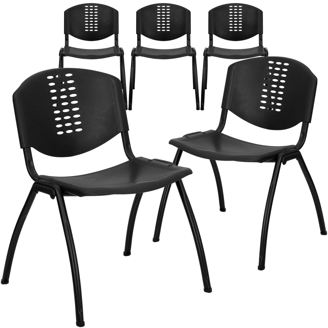 5 Pack HERCULES Series 880 lb. Capacity Black Plastic Stack Chair with Oval Cutout Back and Black Frame