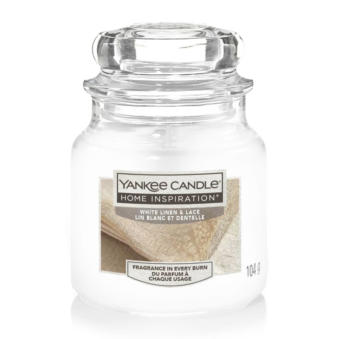 Yankee Candle® Home Inspiration Scented Candle | White Linen and Lace Small Jar Candle | Burn Time: Up to 30 Hours