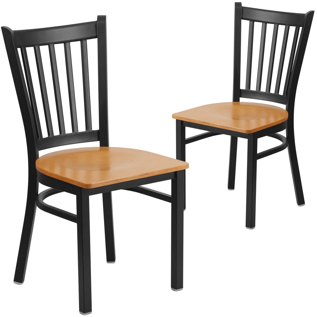 2 Pack HERCULES Series Black Vertical Back Metal Restaurant Chair - Natural Wood Seat