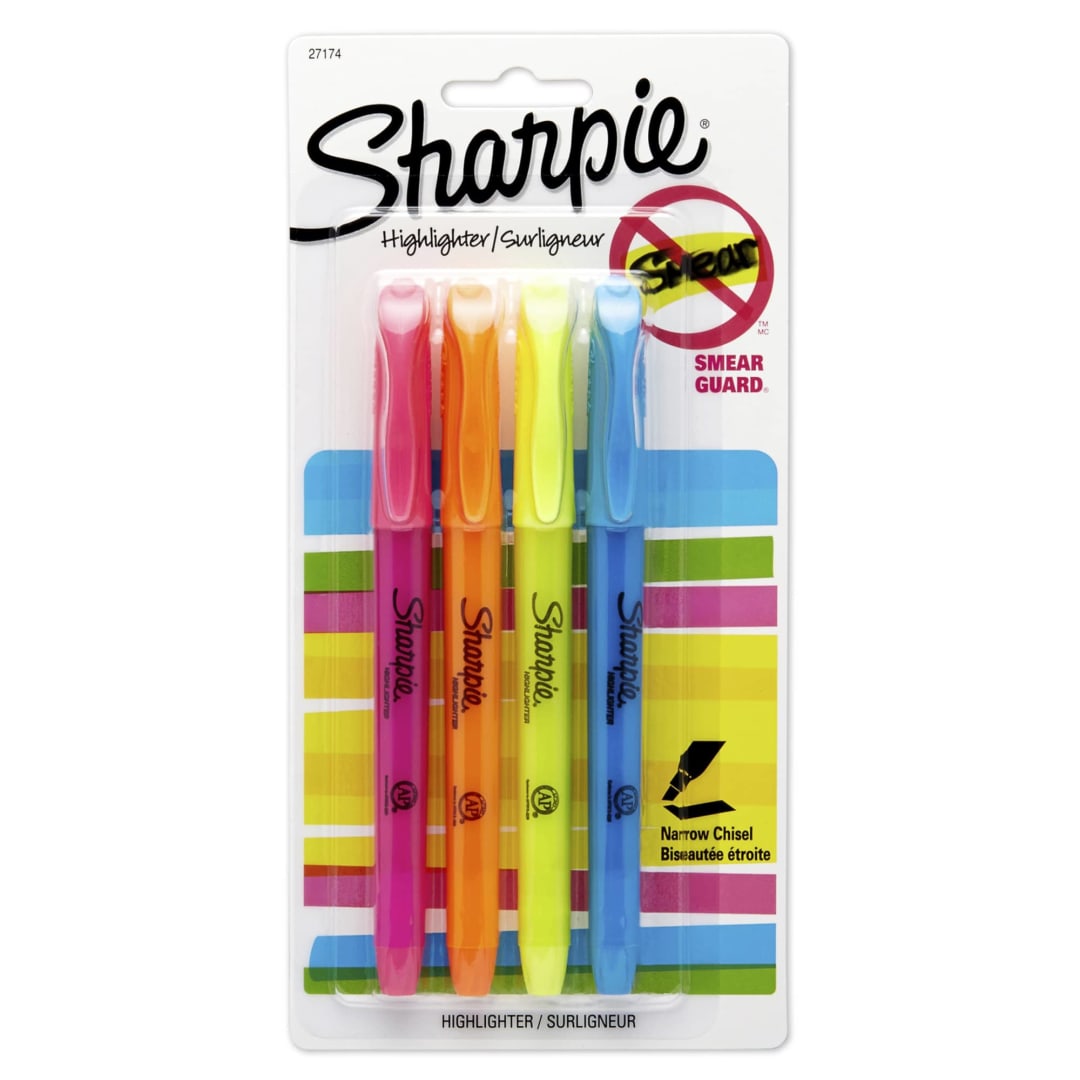 Sharpie Pocket Style Highlighters, Narrow Chisel Tip, Assorted Colors, 4 Count