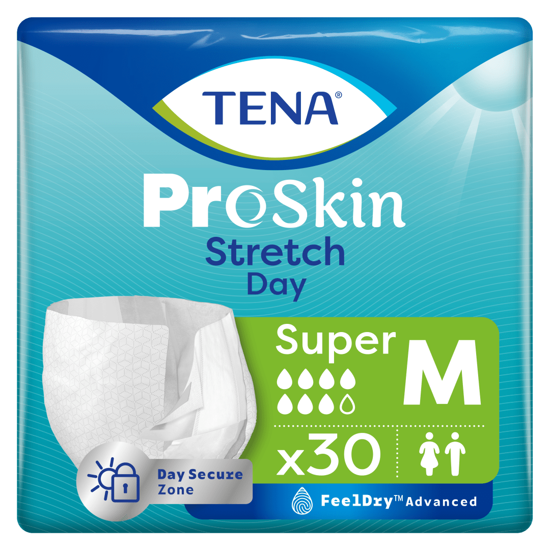 TENA ProSkin Stretch Day for moderate to heavier leaks. Easy to handle pull-up incontinence briefs with stretch sides and wide adjustable tabs. M, White, 30 Pack