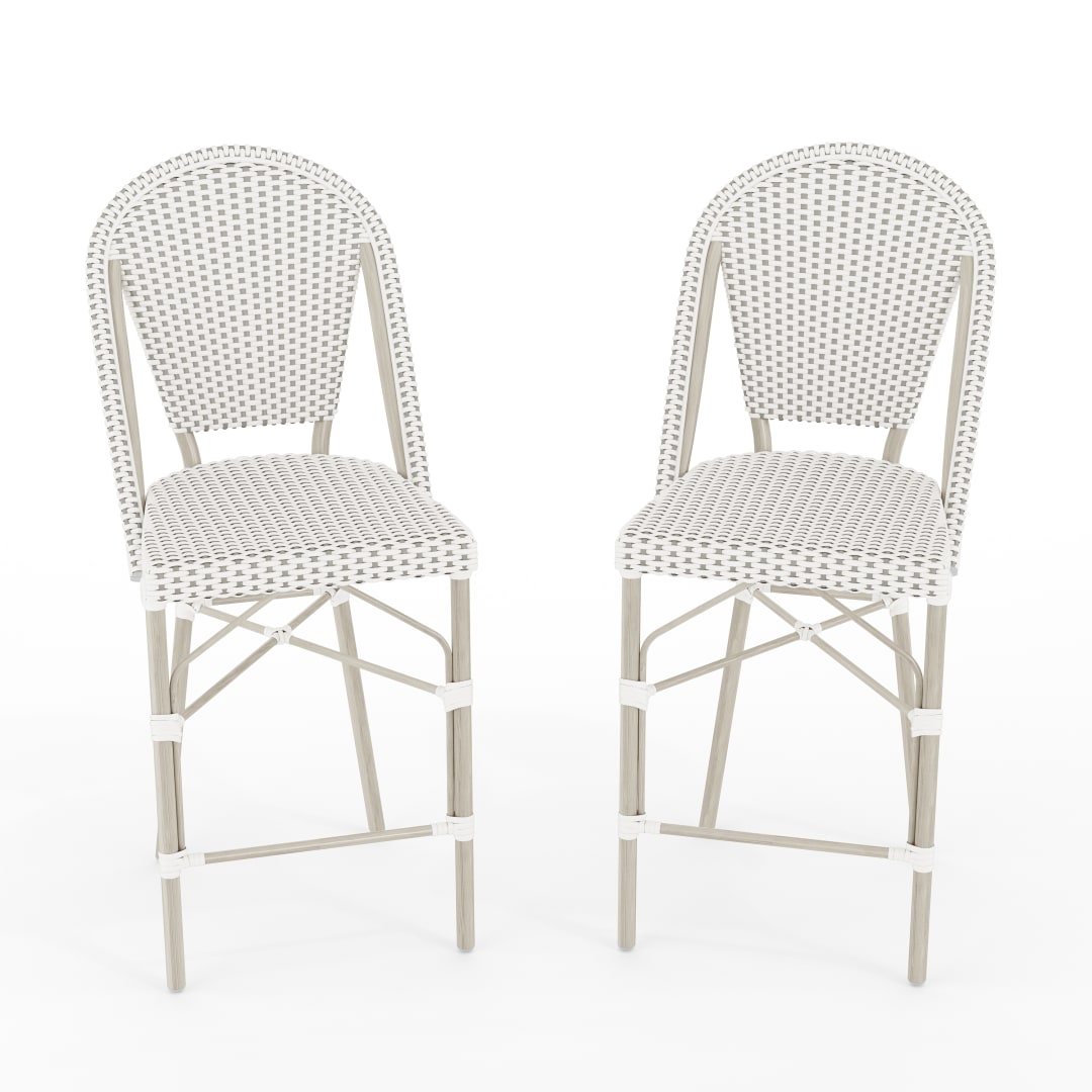 Lily Pond Set of 2 Indoor-Outdoor Stackable Bistro Counter Stools with Gray Woodgrain Aluminum Finish Frame, White/Gray Woven Rattan Back/Seat