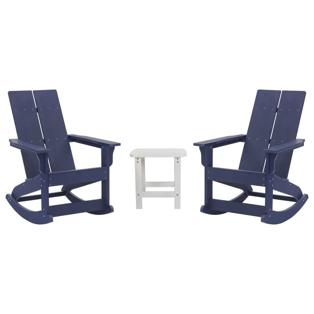 Set of 2 Navy Finn Modern Commercial Grade All-Weather 2-Slat Poly Resin Rocking Adirondack Chairs with Complementary White Side Table
