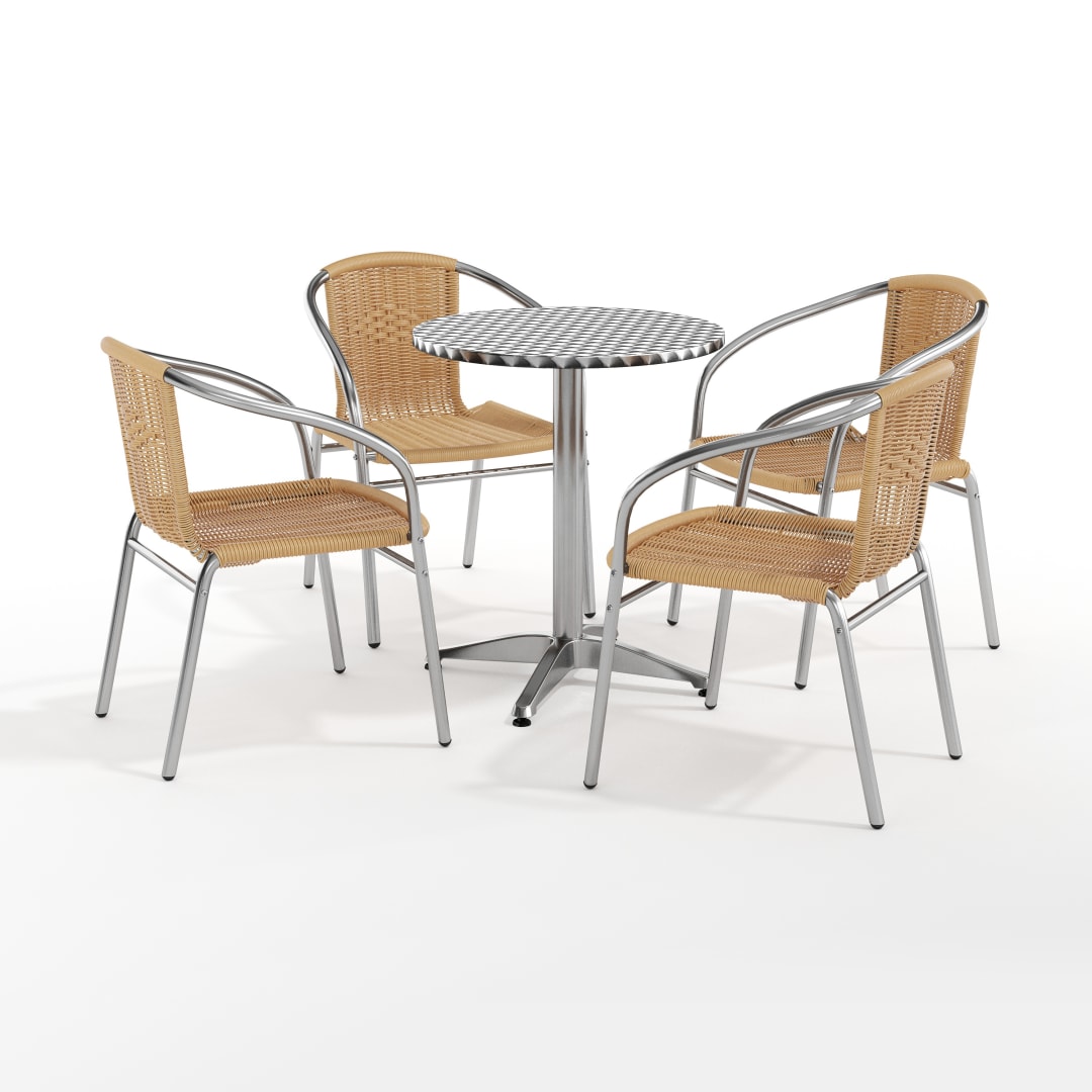 Lila 23.5'' Round Aluminum Indoor-Outdoor Table Set with 4 Beige Rattan Chairs