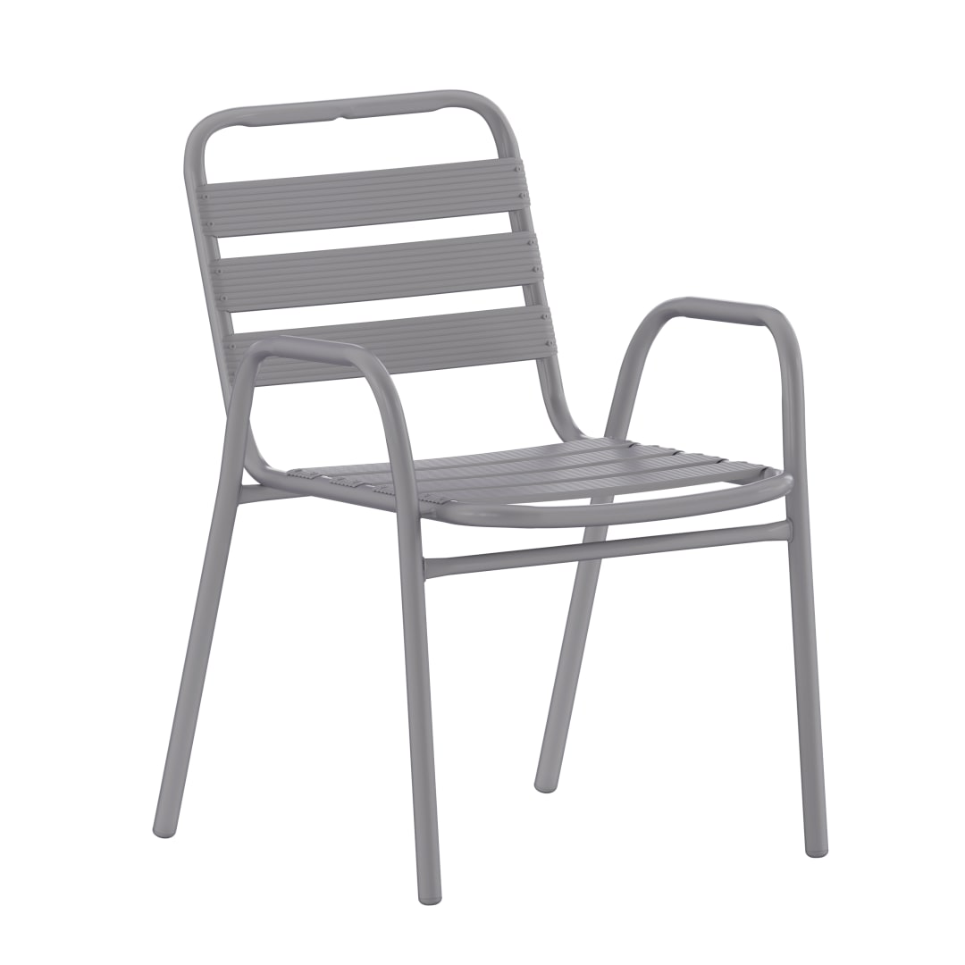 Lila Commercial Silver Metal Indoor-Outdoor Restaurant Stack Chair with Metal Triple Slat Back and Arms