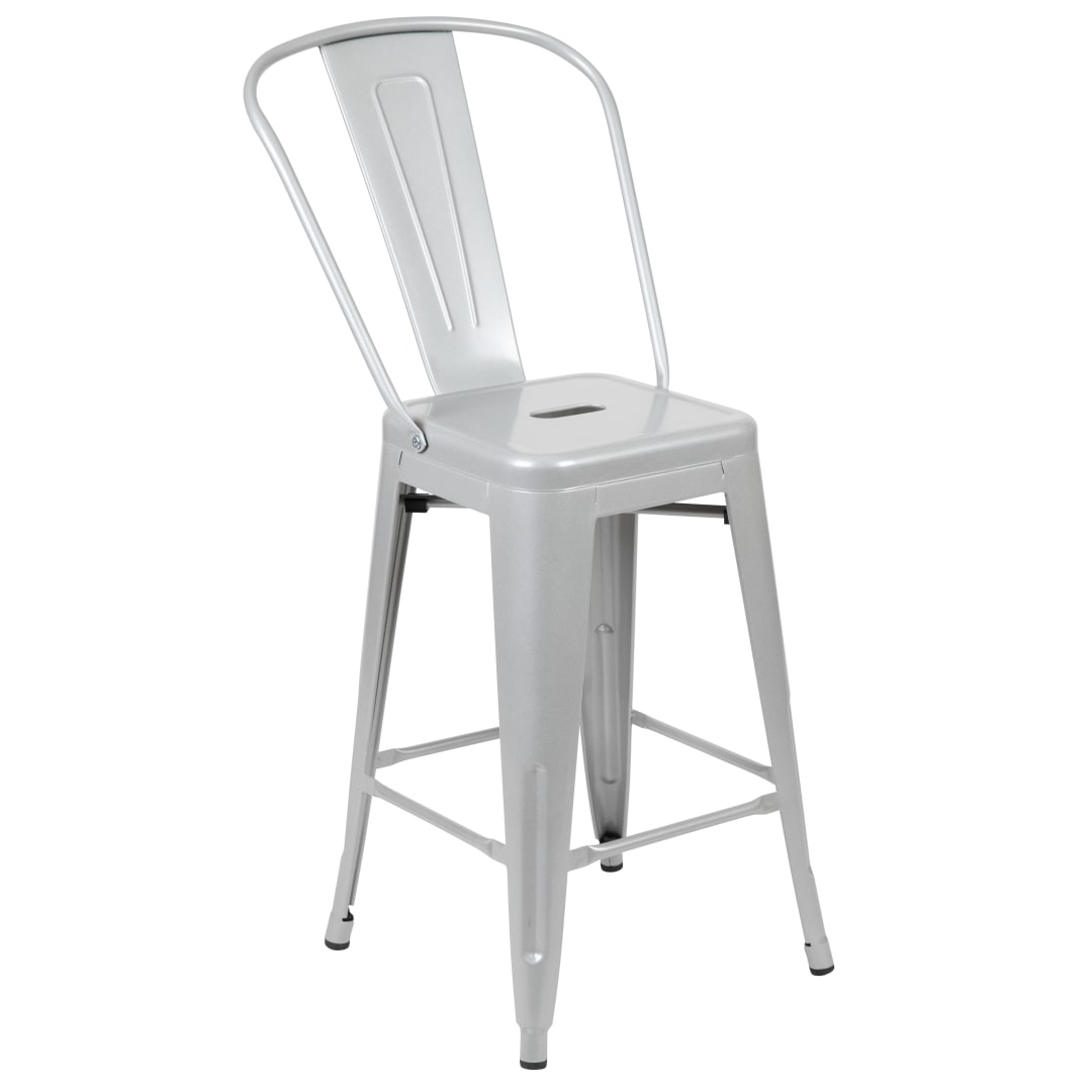 Kai Commercial Grade 24" High Silver Metal Indoor-Outdoor Counter Height Stool with Removable Back