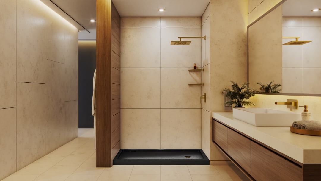 DreamLine SlimLine 34 inch D x 60 inch W x 2 3/4 inch H Single Threshold Black Alcove Shower Base with 2 inch Matte Black Right Round Drain