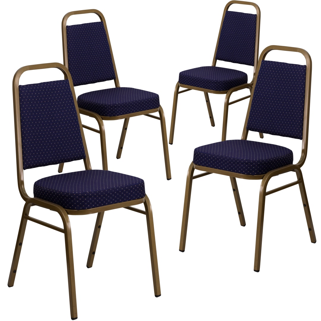 4 Pack HERCULES Series Trapezoidal Back Stacking Banquet Chair in Navy Patterned Fabric - Gold Frame