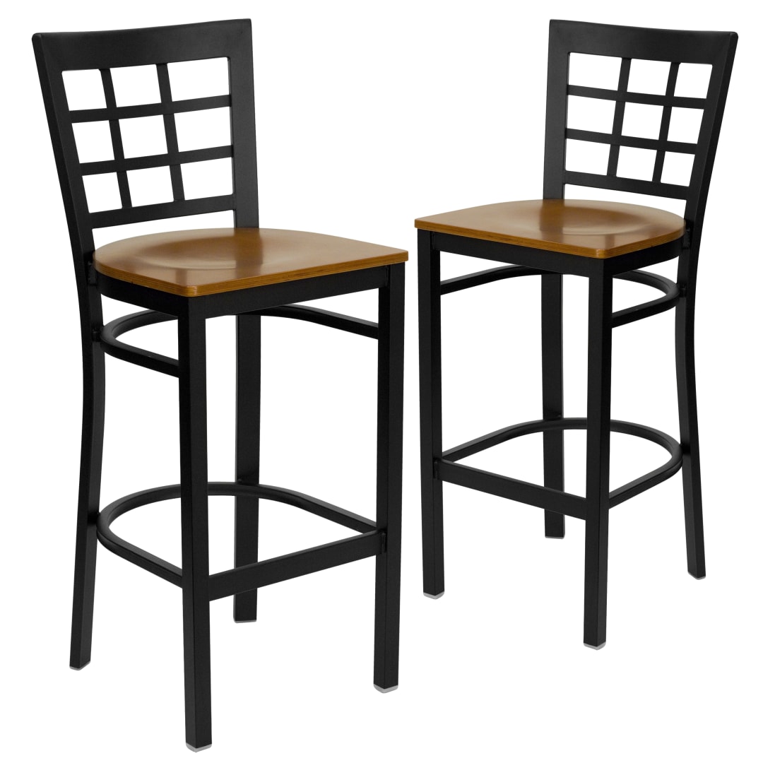 2 Pk. HERCULES Series Black Window Back Metal Restaurant Barstool - Cherry Wood Seat