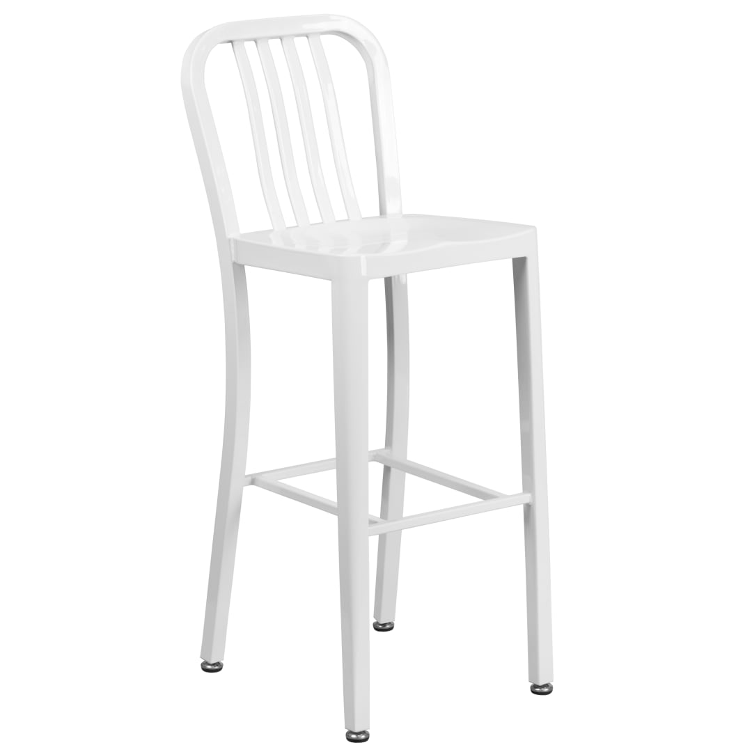 Gael Commercial Grade 30" High White Metal Indoor-Outdoor Barstool with Vertical Slat Back