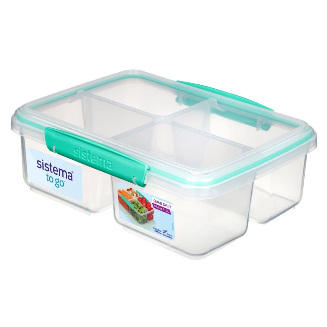 Sistema To Go Quad Split Lunch Box | 1.7L Food Storage Container with 4 Compartments | Clear with Coloured Clips | Assorted Colours [21740-53C]