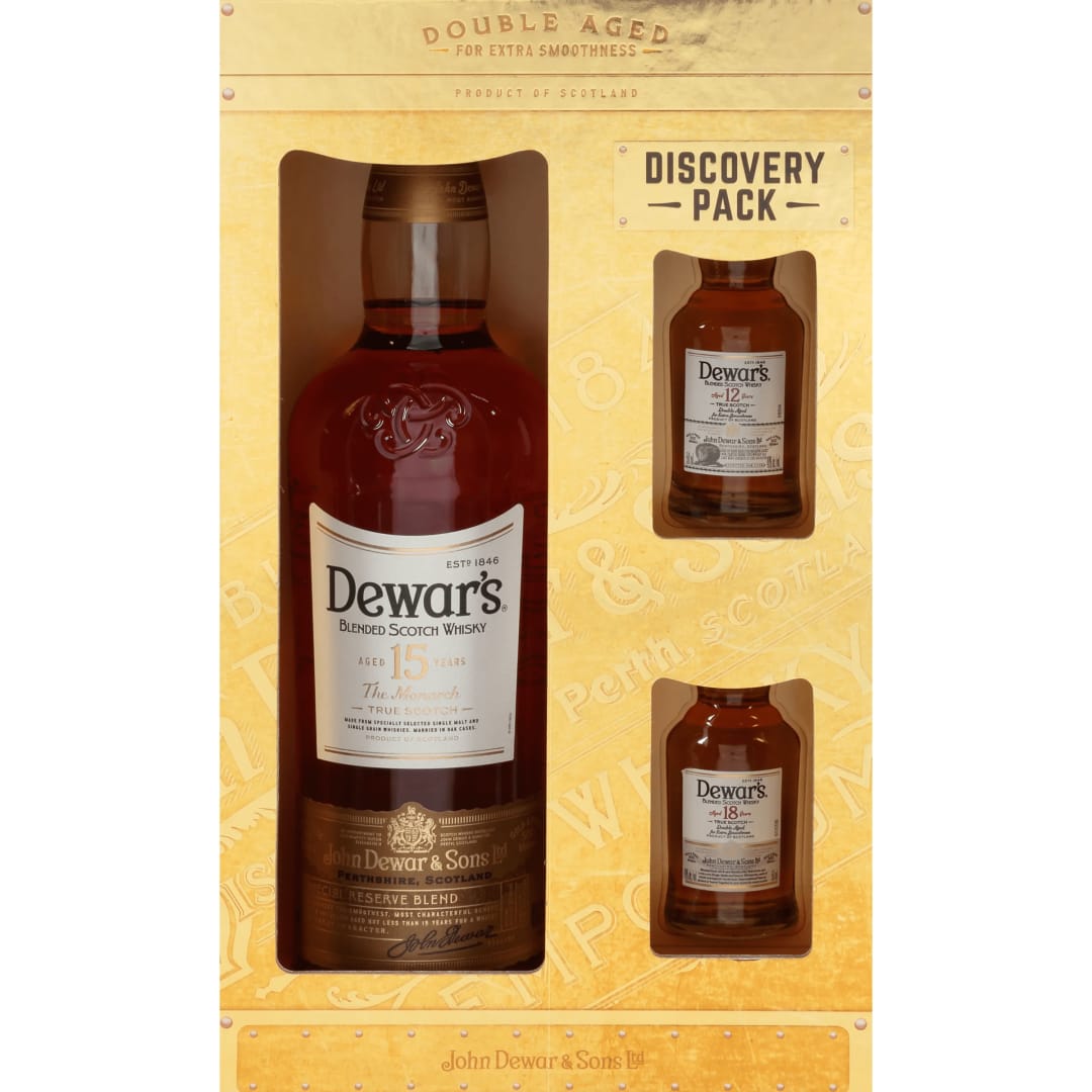 Dewar's Scotch Whisky Discovery Gift Pack, 15 Year Old (750 Ml), 12 Year Old (50 Ml), 18 Year Old (50 Ml) 40% 750mL