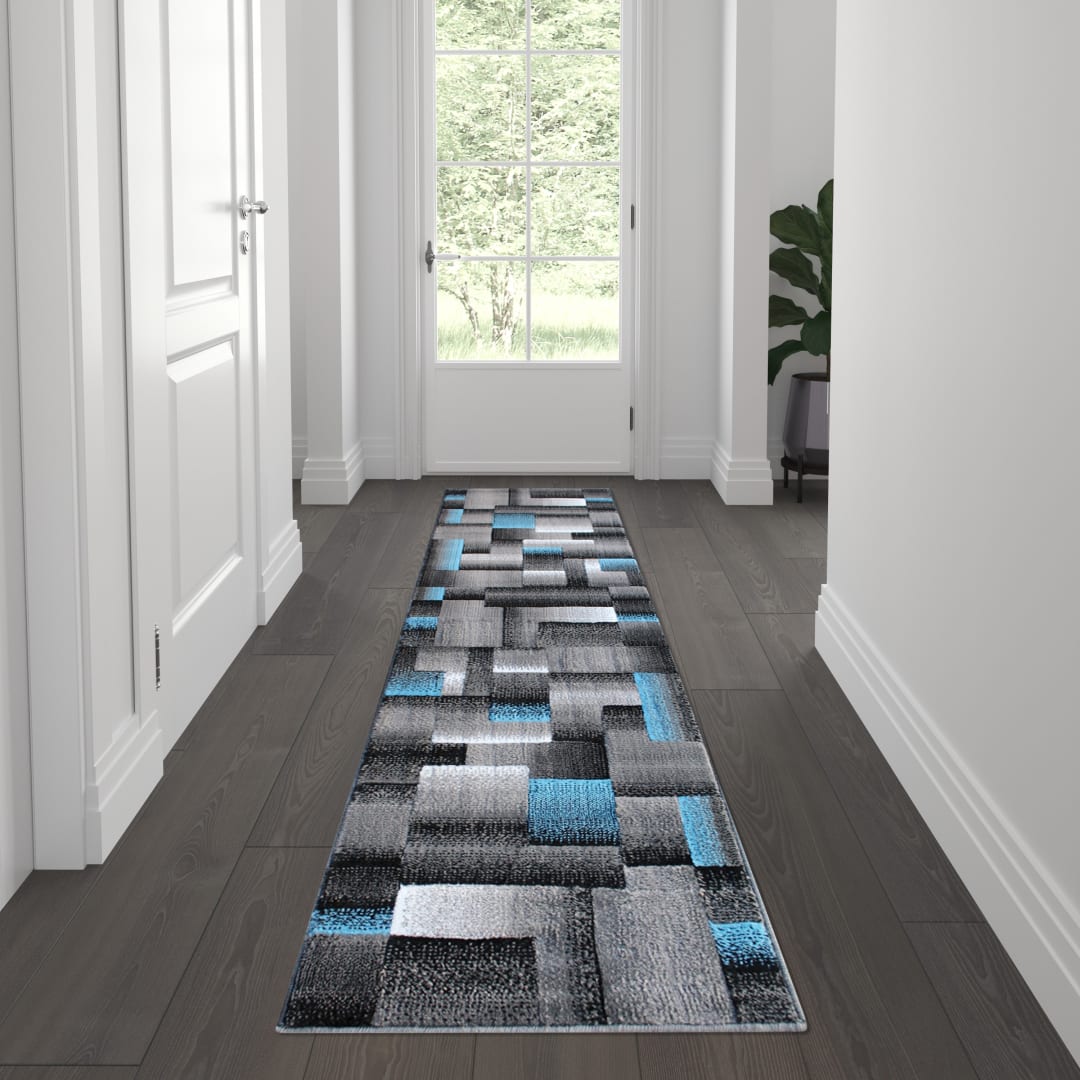 Elio Collection 2' x 7' Blue Color Blocked Area Rug - Olefin Rug with Jute Backing - Entryway, Living Room, or Bedroom