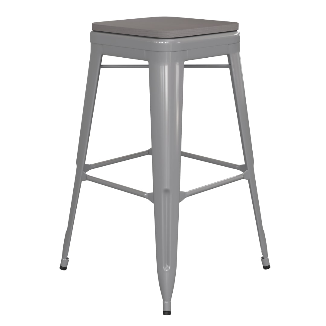 Kai Commercial Grade 30" High Backless Silver Metal Indoor-Outdoor Barstool with Gray Poly Resin Wood Seat