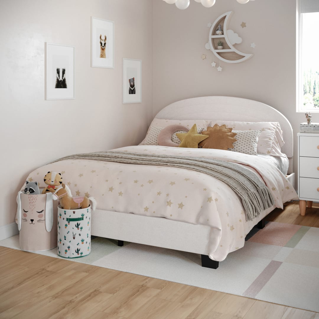 Full Platform Bed Frame with Curved Headboard and Wood Slat Foundation in Marshmallow