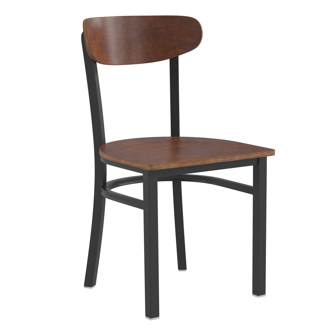 Wright Commercial Grade Dining Chair with 500 LB. Capacity Black Steel Frame, Solid Wood Seat, and Boomerang Back, Walnut Finish