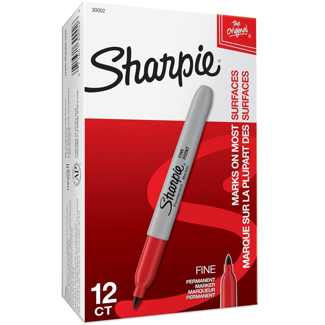 Sharpie Permanent Markers, Fine Point, Red, 12 Count
