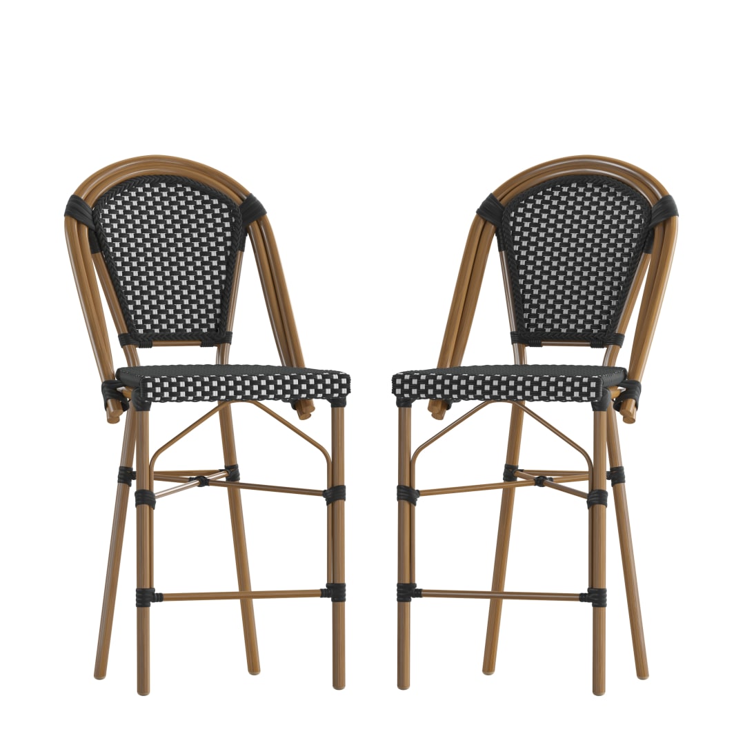 Bordeaux Set of 2 Stackable Indoor/Outdoor Bistro 26" High Counter Height Stools, Commercial Grade, Black/White and Bamboo Finish