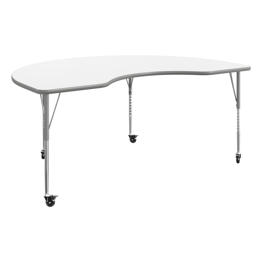 Wren 72" x 48" Kidney Adjustable Height Activity Table, Thermal Laminate Top, Standard Legs with Locking Casters, White