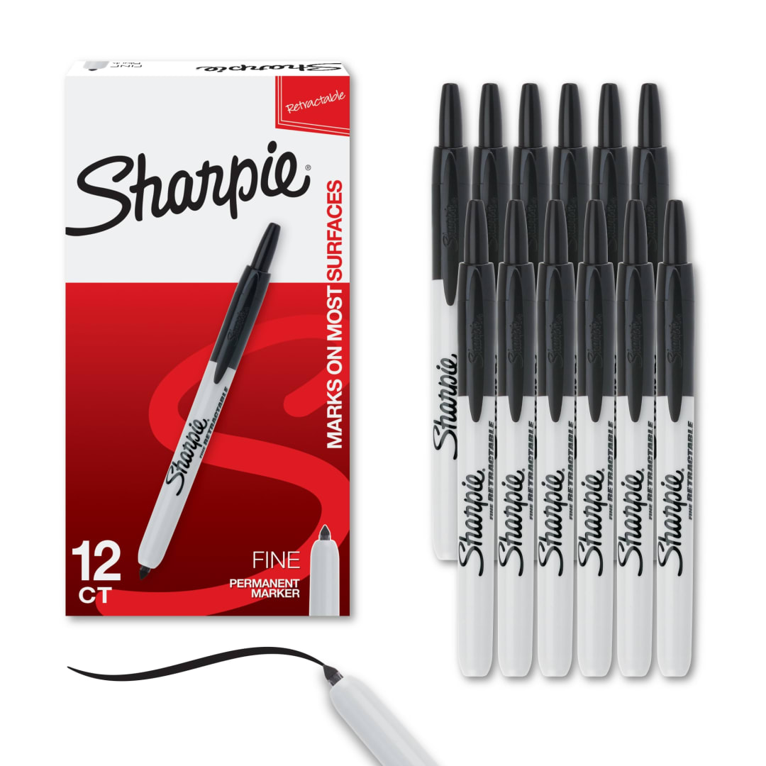 Sharpie® Retractable Permanent Markers, Fine Point, Black, 12 Count