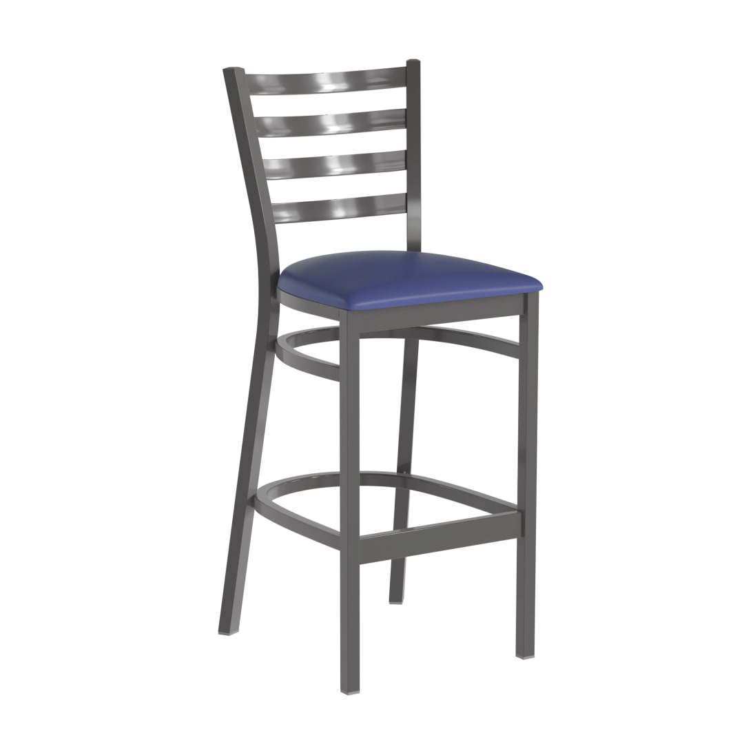 HERCULES Silver Antique Finish with Clear Coat Ladder Back Metal Restaurant Barstool - Blue Vinyl Seat