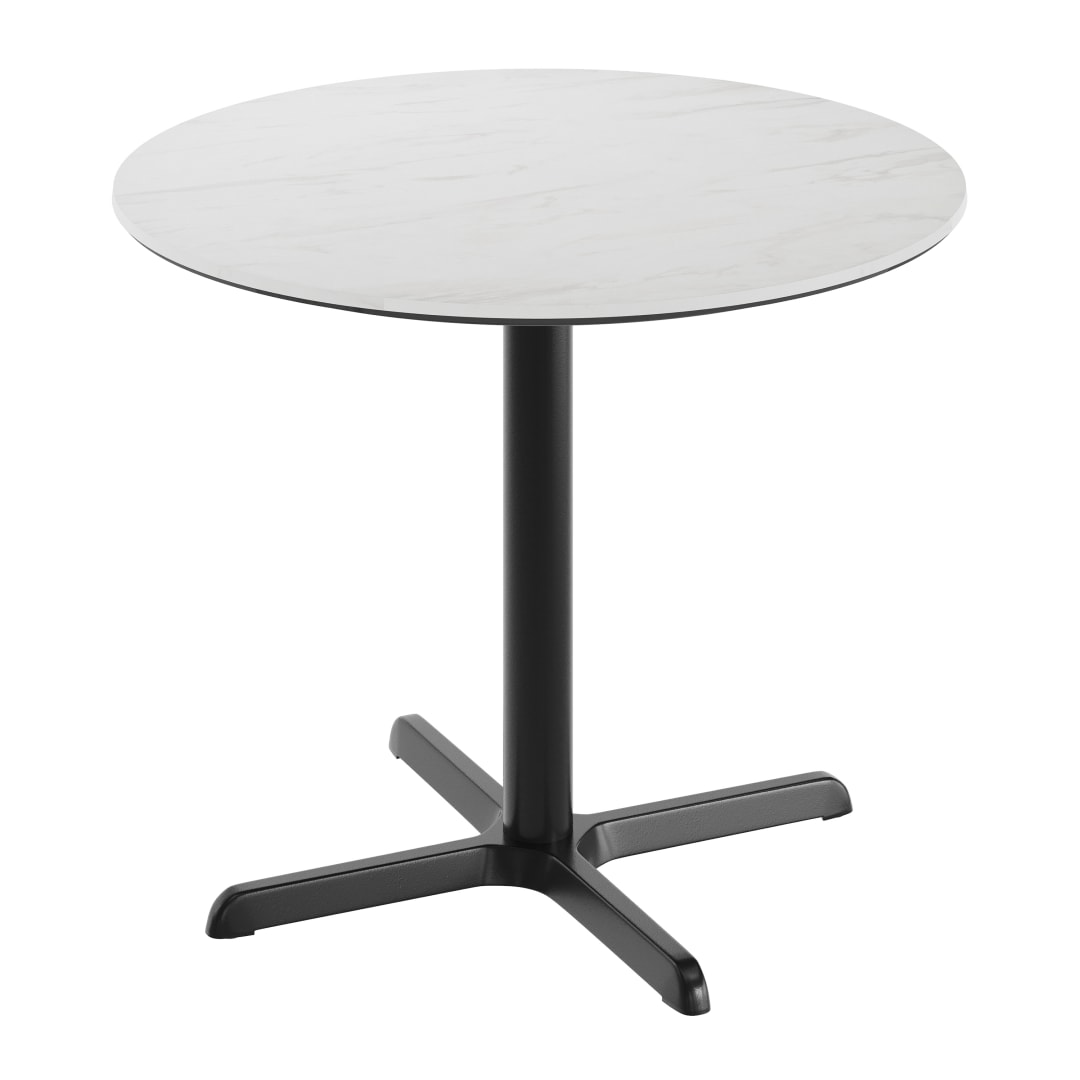 TopGuard 36" RD Tabletop, Seamless Surface Technology, White Faux Marble, 30" x 30" Black Table Height X-Base, Moisture, Scratch, Heat, UV Resistant