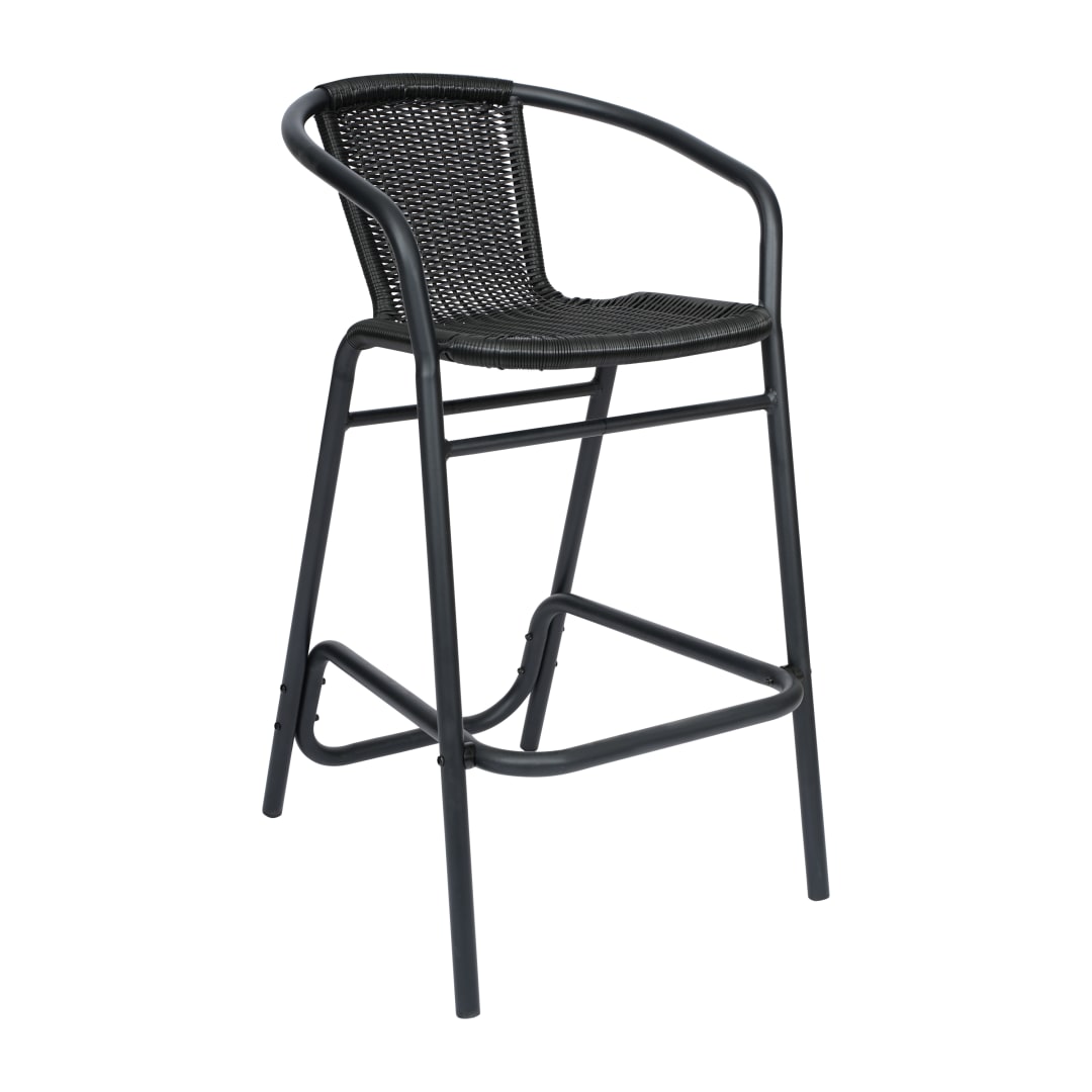 Lila Commercial Grade Indoor-Outdoor PE Rattan Restaurant Barstool with Black Aluminum Frame and Footrest in Black