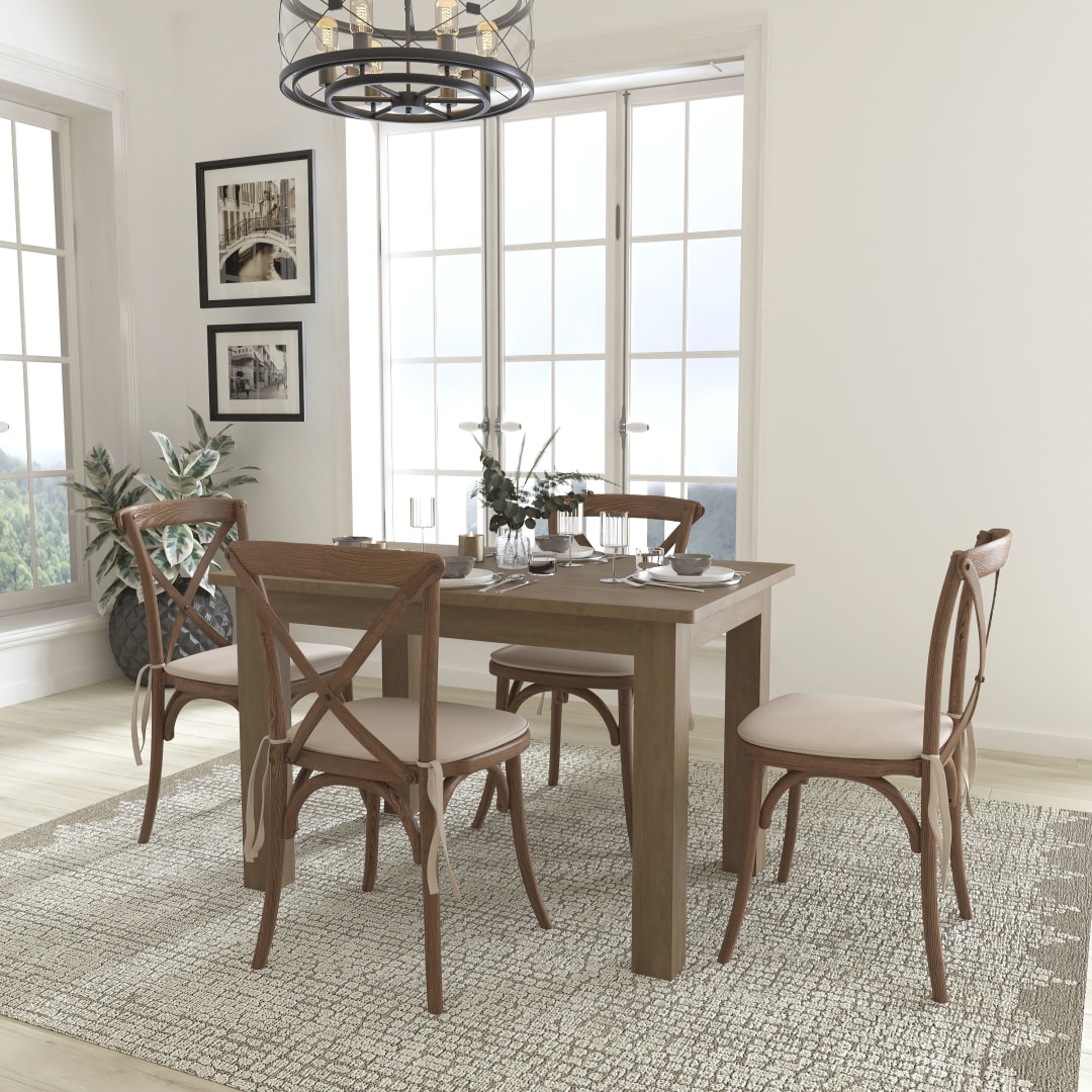 HERCULES 46" x 30" Antique Rustic Farm Table Set with 4 Cross Back Chairs and Cushions