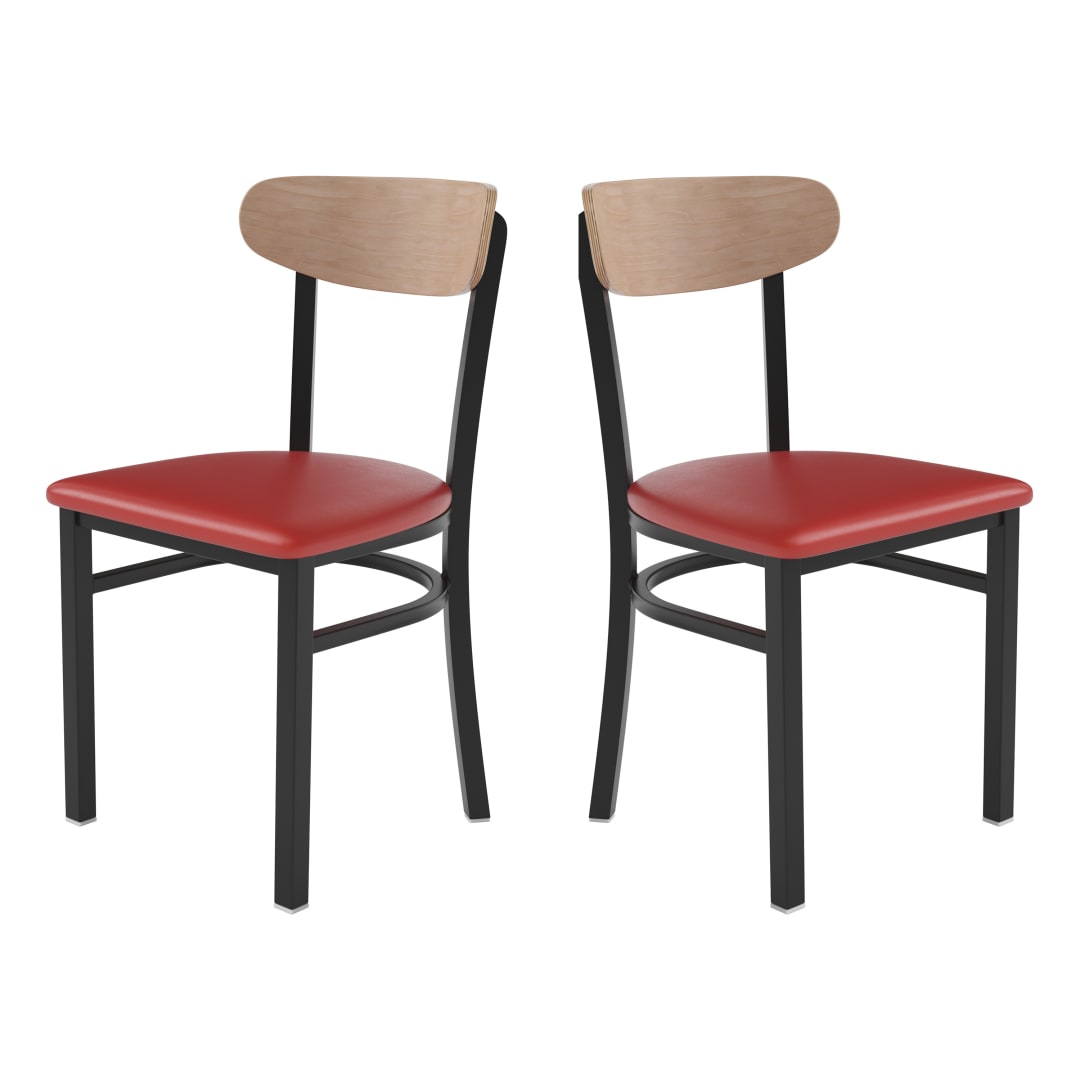 Wright Set of 2 Commercial Dining Chairs with 500 LB. Capacity Black Steel Frame, Walnut Finish Wooden Boomerang Back, and Red Vinyl Seat