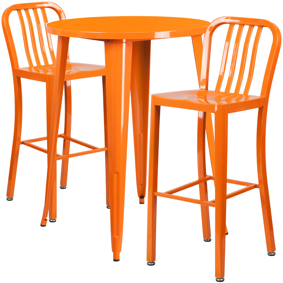 Brad Commercial Grade 30" Round Orange Metal Indoor-Outdoor Bar Table Set with 2 Vertical Slat Back Stools