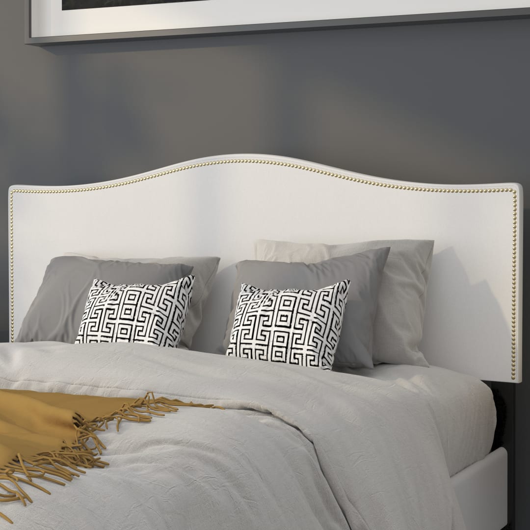 Lexington Upholstered Queen Size Headboard with Accent Nail Trim in White Fabric