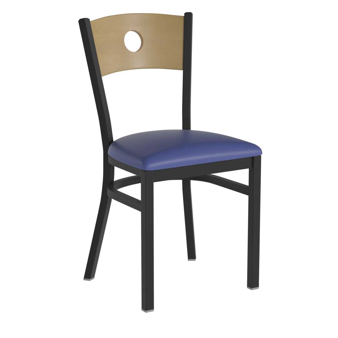 HERCULES Black Circle Back Metal Restaurant Chair - Natural Wood Back, Blue Vinyl Seat