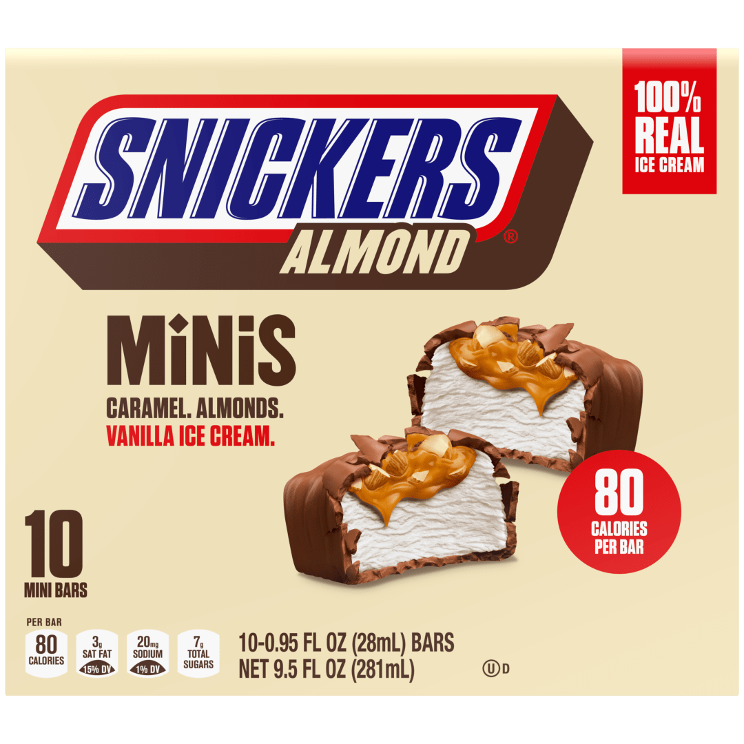 SNICKERS Ice Cream Minis, Milk Chocolatey, Caramel, Almond and Vanilla Ice Cream Bars, 10 Pack, 9.5 Oz