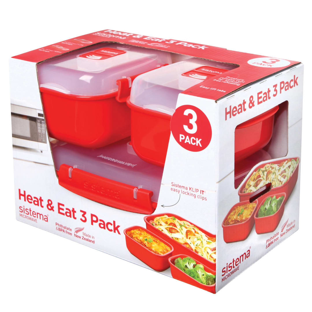 Sistema Heat & Eat recipientes para microondas | Fiambreras apilables con tapas herméticas con cierre de clip | Rojo/transparente | Paquete de 3