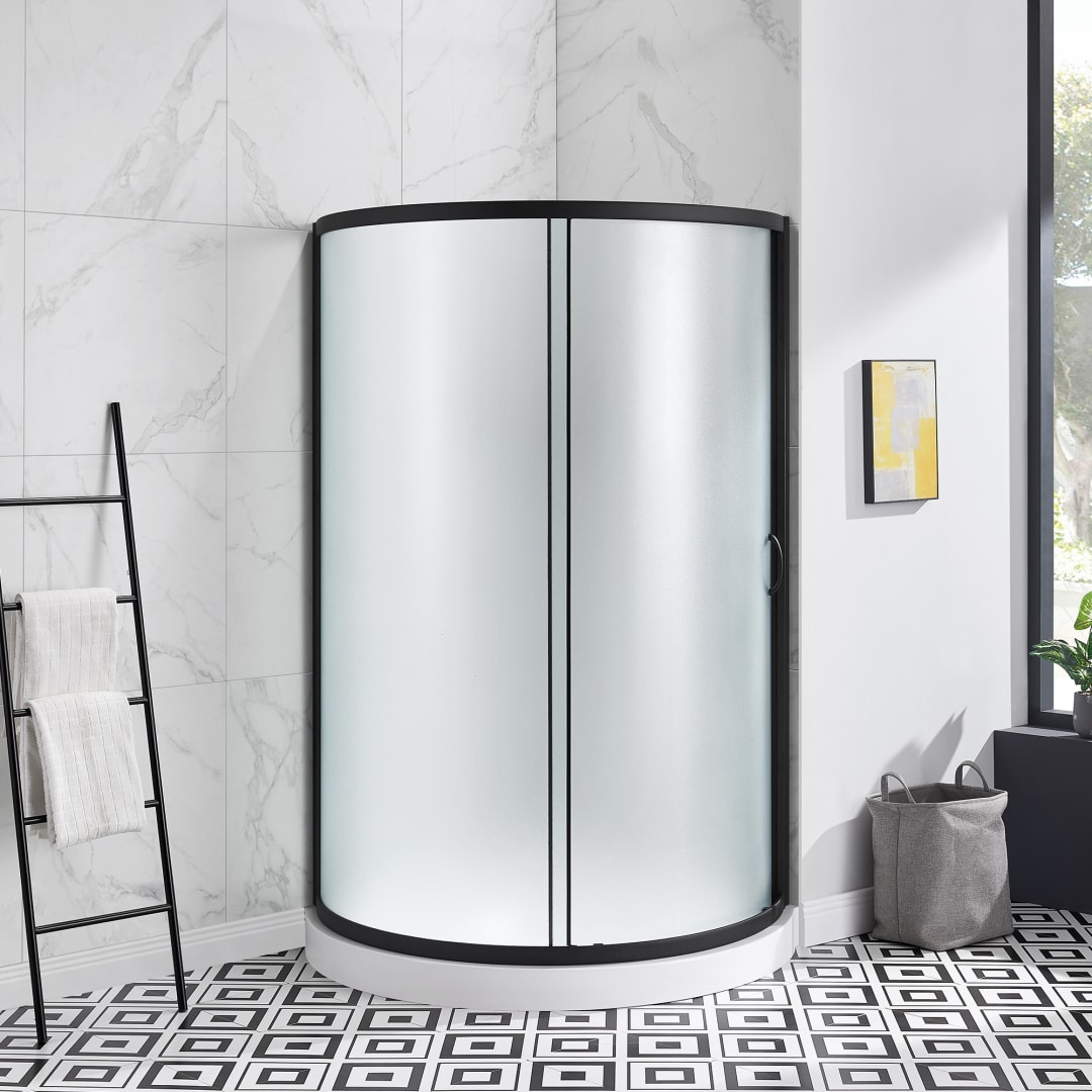 Breeze 40 in. L x 40 in. W x 77 in. H Round Corner Shower Kit in Black with Frosted Glass Sliding Door and Shower Base Pan (Walls not Included)