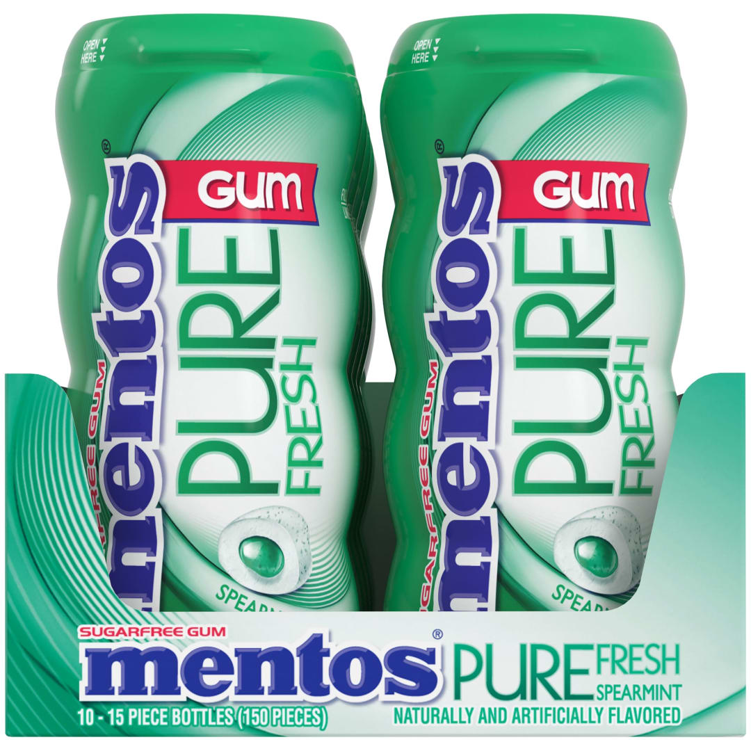 Mentos Gum Pure Fresh Sugar Free Chewing Gum Spearmint 15 pc Pocket Bottles - 10 Pack