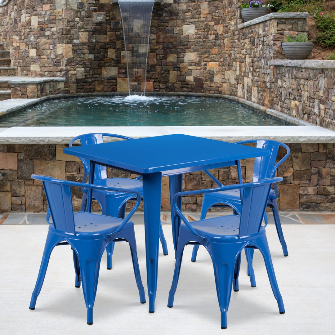 Grady Commercial Grade 31.5" Square Blue Metal Indoor-Outdoor Table Set with 4 Arm Chairs