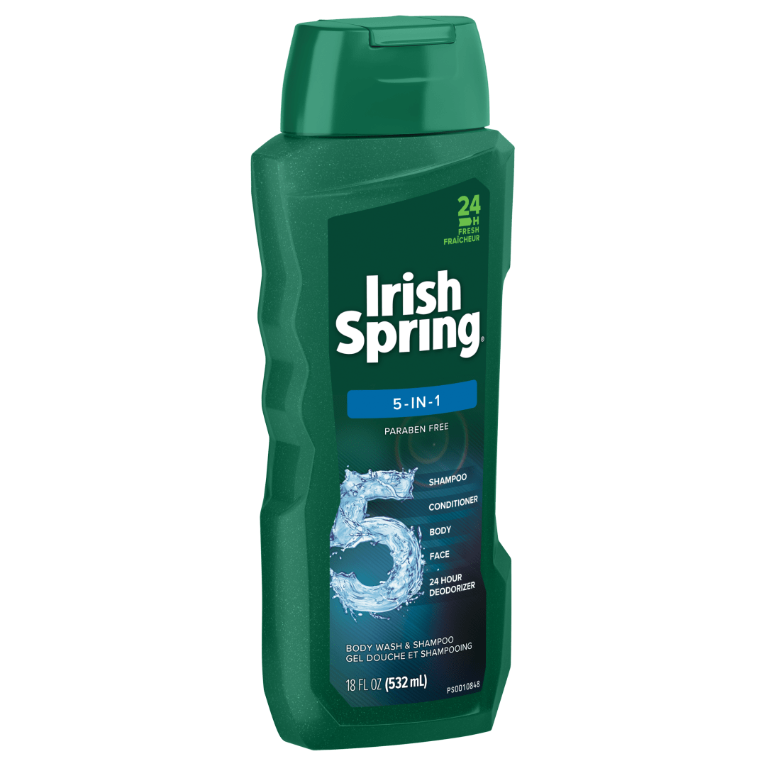 Irish Spring 5 in 1 Men's Body Wash and Shampoo for Hair, Face and Body, Washes Away Bacteria and Retains Skin's Natural Moisture - 18 fluid ounce.