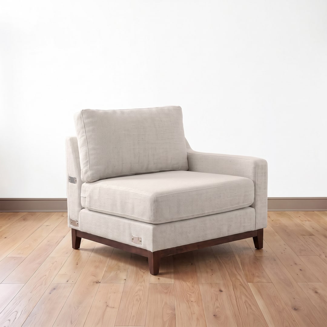 Bedford Modular Sectional Right Facing Armchair, Upholstered Sofa Component, Solid Wood Frame and Tapered Legs, Ivory