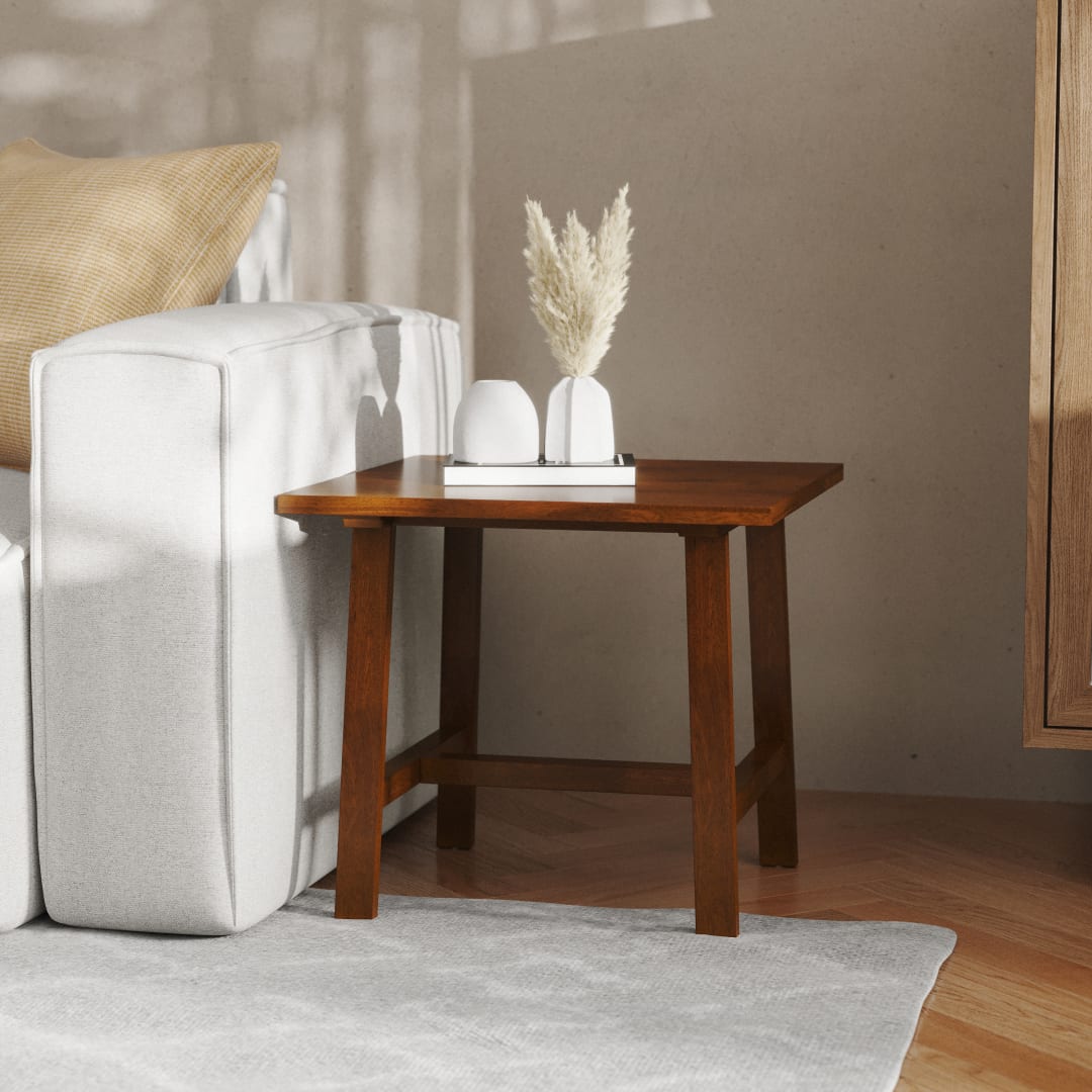 Eli Solid Wood Farmhouse End Table, Trestle Style Accent Table in Walnut