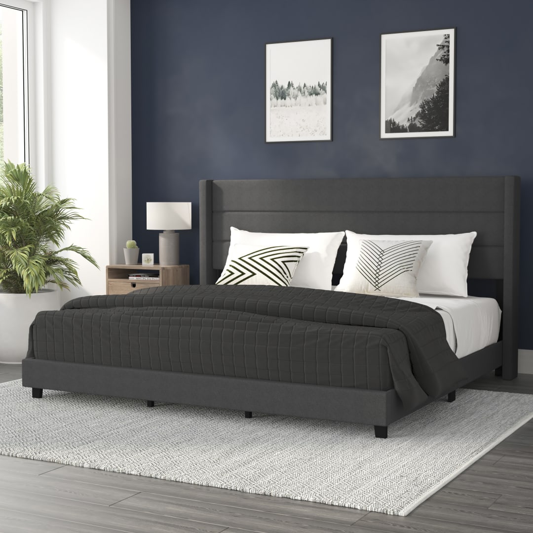 Hollis King Upholstered Platform Bed with Wingback Headboard, Mattress Foundation with Slatted Supports, No Box Spring Needed, Charcoal Faux Linen