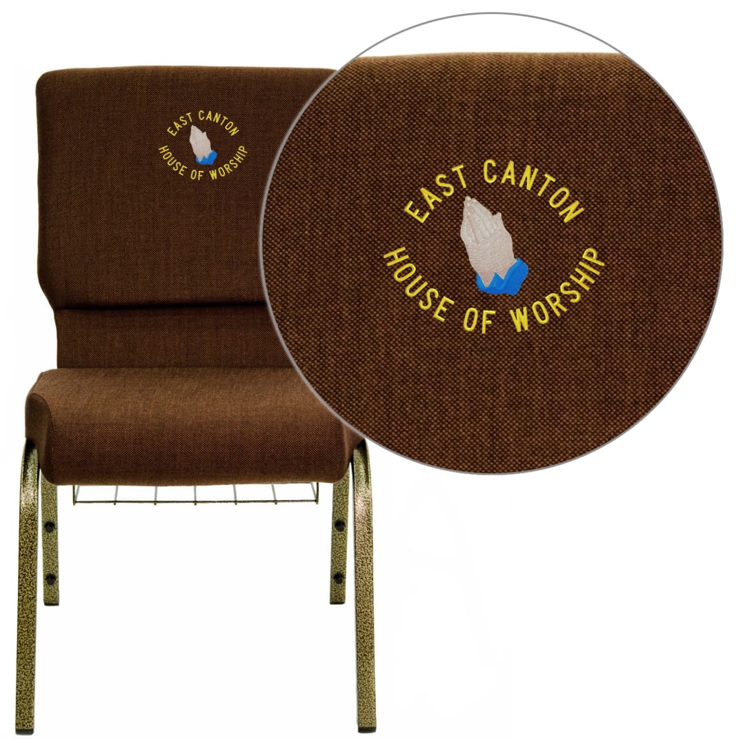 Embroidered HERCULES Series 18.5''W Church Chair in Brown Fabric with Cup Book Rack - Gold Vein Frame