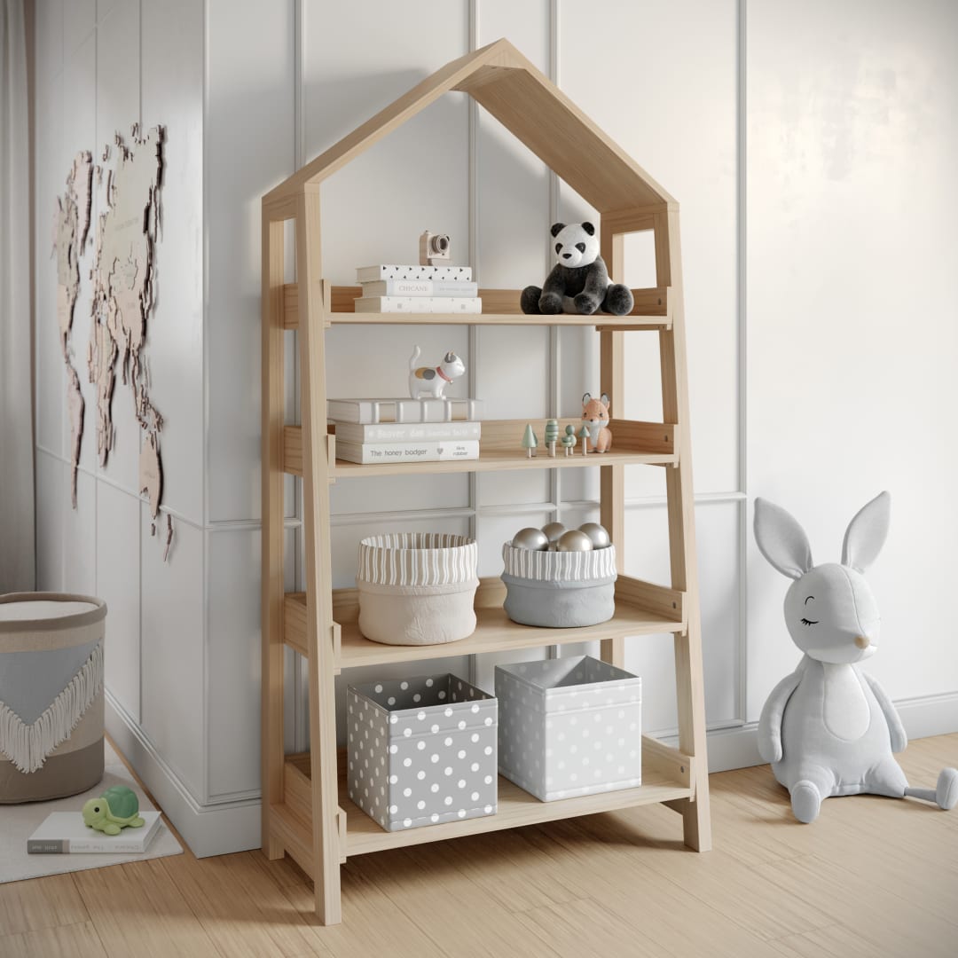Wood Open Bookshelf with Covered Triangular Top, 4 Shelves, and Squared Legs in Natural