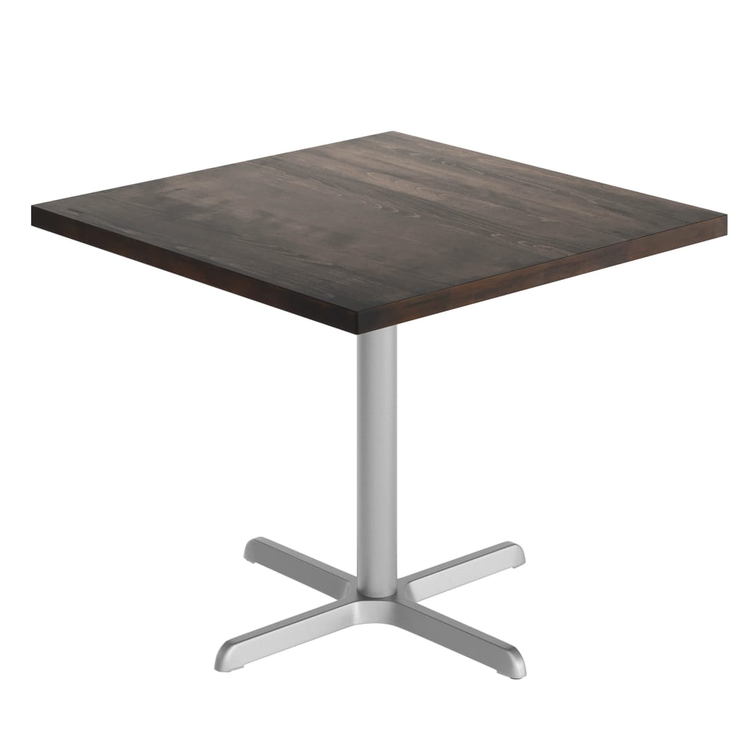 Bennett 36" Square Solid Wood Commercial Indoor Tabletop in Dark Brown with 30" x 30" Dining Height Rust-Resistant Silver Cast Iron X-Base