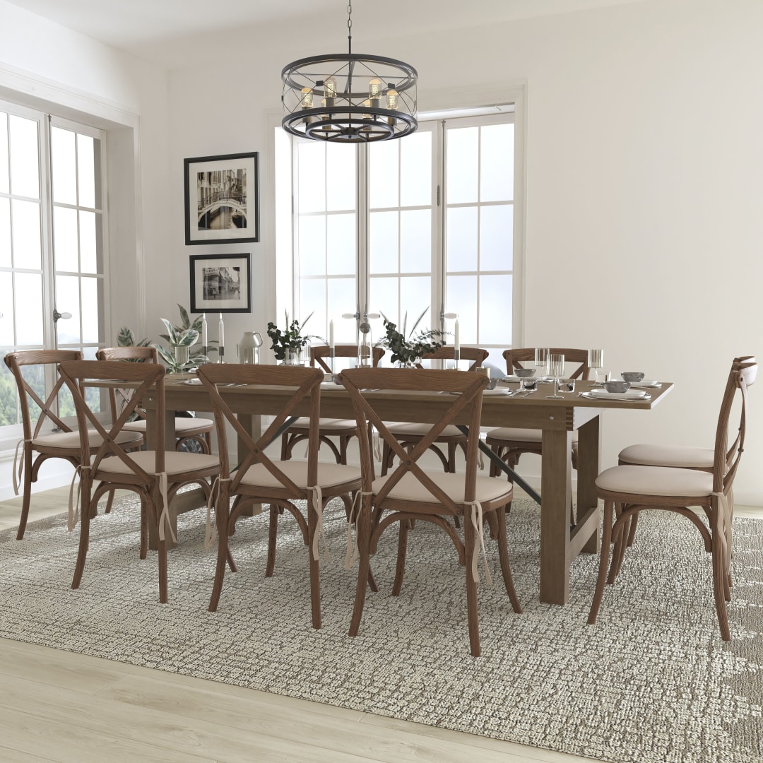 HERCULES Series 8' x 40'' Antique Rustic Folding Farm Table Set with 10 Cross Back Chairs and Cushions
