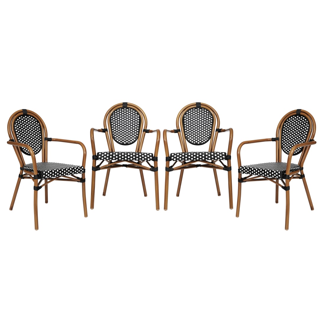 4 Pack Lourdes Indoor/Outdoor Commercial Thonet Bistro Stacking Chair with Arms, Black and White PE Rattan and Natural Aluminum Frame