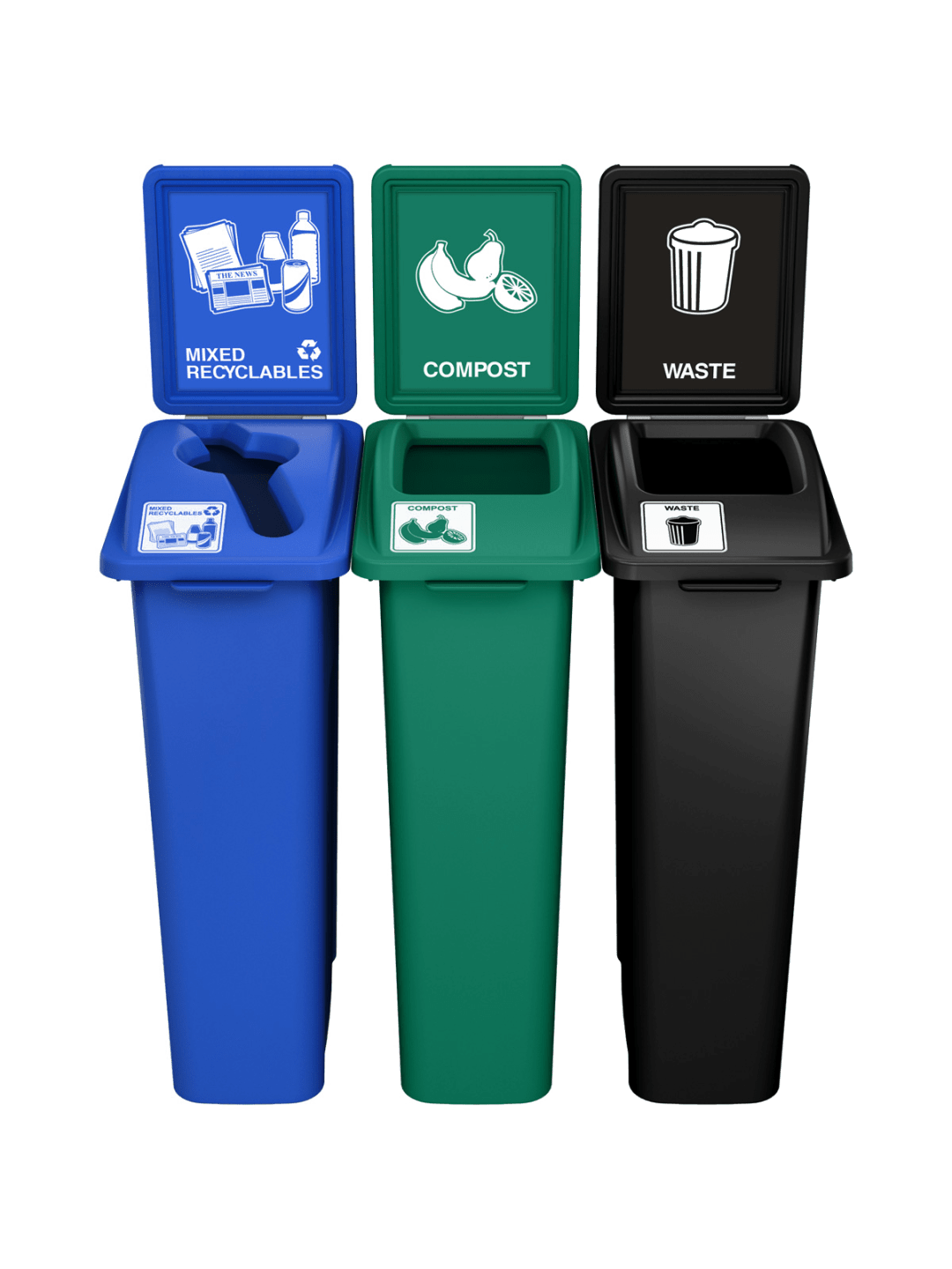  WASTE WATCHER - Triple - Kit - Mixed Recyclables-Compost-Waste - Mixed-Full - Blue-Green-Black