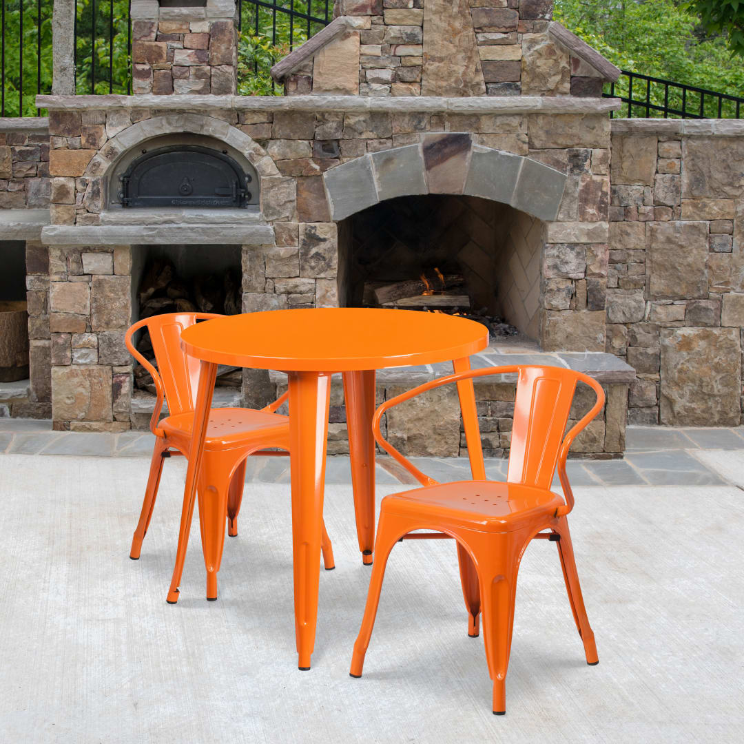 Conrad  Commercial Grade 30" Round Orange Metal Indoor-Outdoor Table Set with 2 Arm Chairs